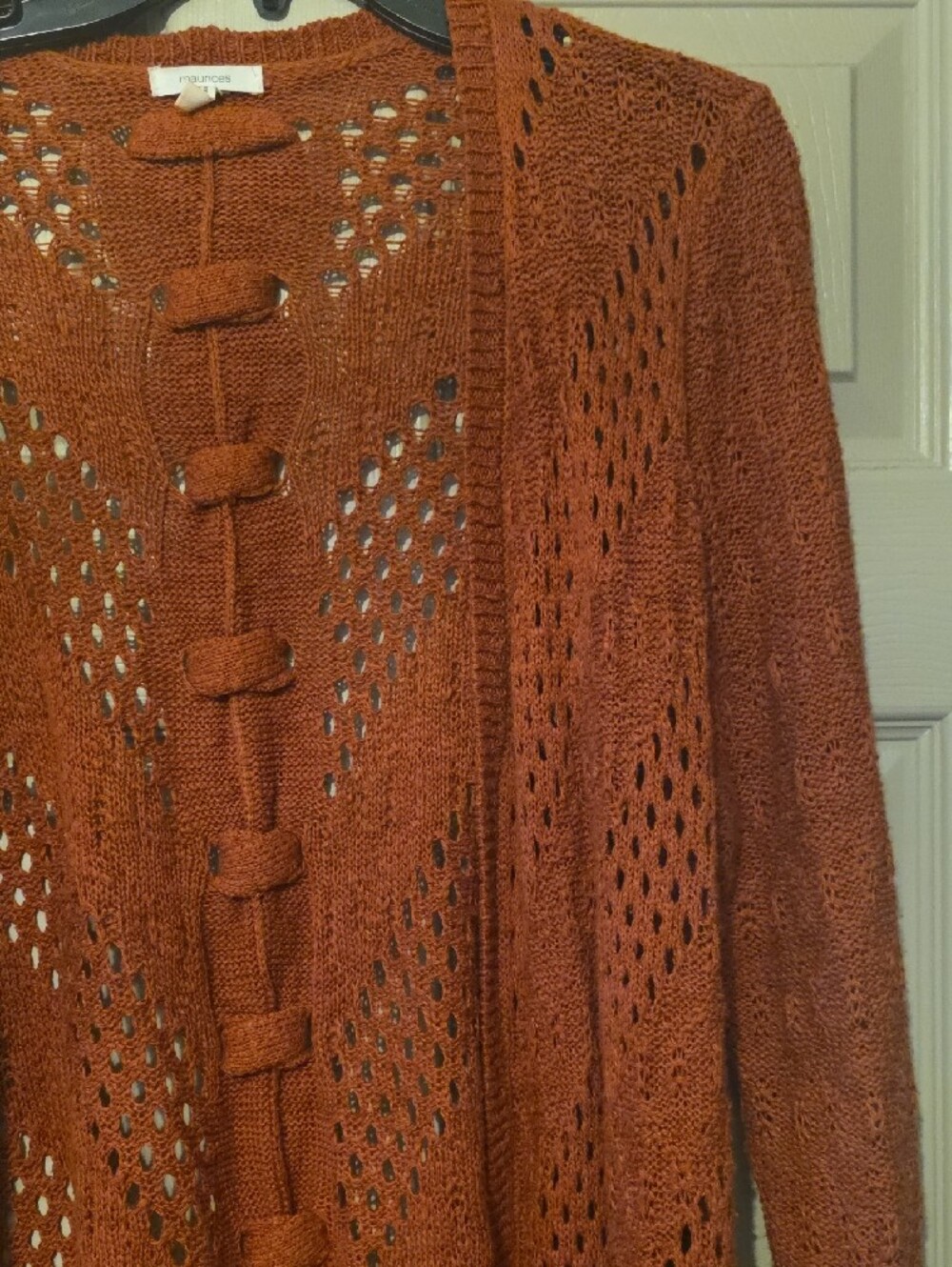 Rust/Orange Openwork Knit Cardigan Sweater - Picture 3 of 6